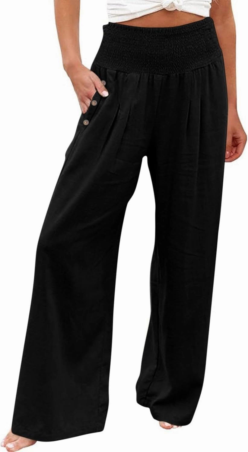 Women's Wide Leg Pants 2024 Summer Casual High Waisted Cotton Linen Pant Straight Leg Lightweight Lounge Trousers