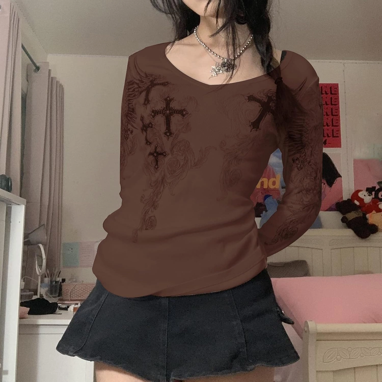 Women Teen Girls Fairy Grunge Clothes Y2k Long Sleeve Baggy Shirt Graphic Baby Tee Fall Vintage Streetwear T-Shirt