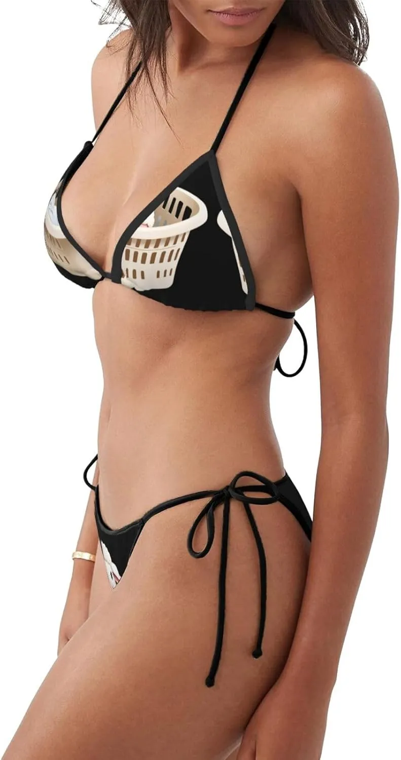 Women's 2 pcs Bikini Swimsuit Lamb Doll in The Laundry Basket Printing Softness, Bathing Suits