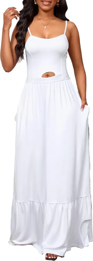 Womens Flowy Simple Tiered Maxi Dress Spaghetti Straps Backless Vacations Beach Elegant with Pockets