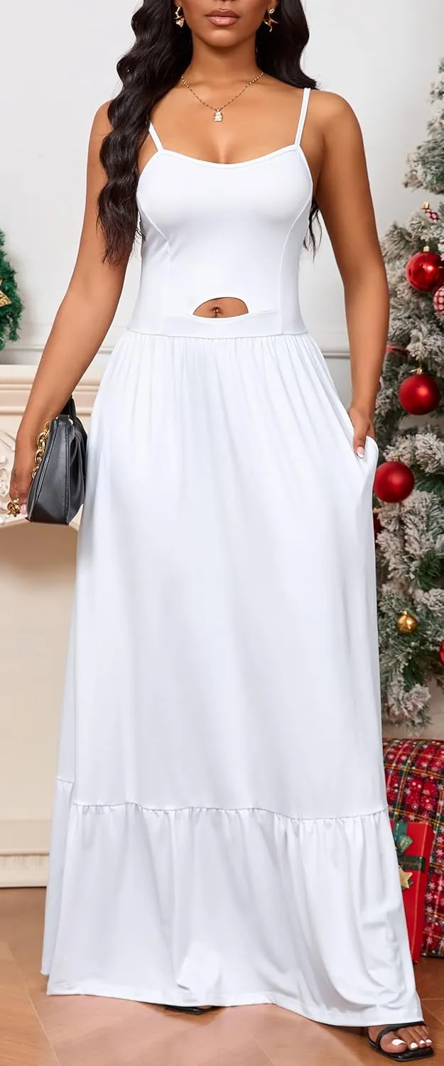 Womens Flowy Simple Tiered Maxi Dress Spaghetti Straps Backless Vacations Beach Elegant with Pockets