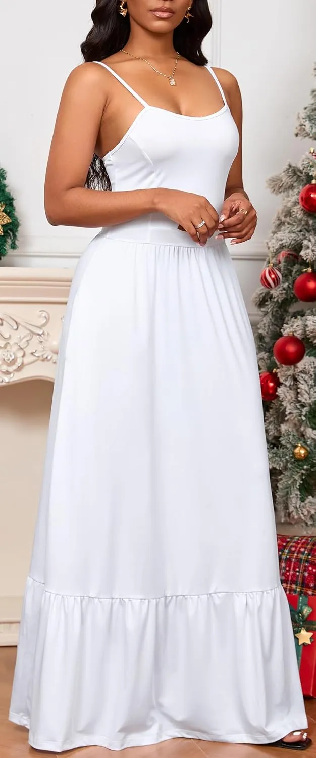 Womens Flowy Simple Tiered Maxi Dress Spaghetti Straps Backless Vacations Beach Elegant with Pockets