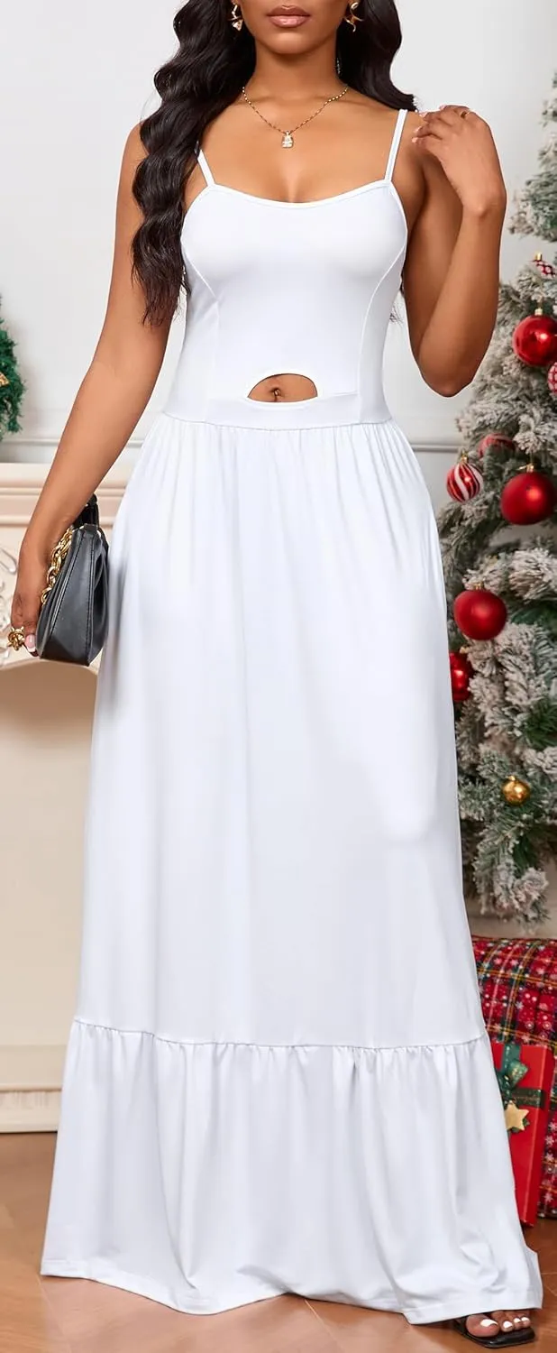 Womens Flowy Simple Tiered Maxi Dress Spaghetti Straps Backless Vacations Beach Elegant with Pockets