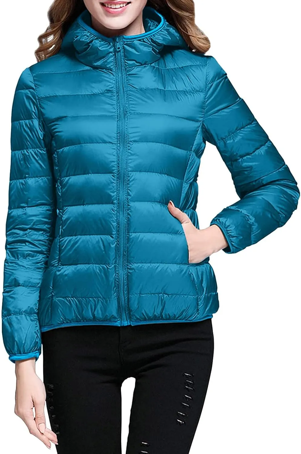 Womens Lightweight Puffer Jacket 2023 Winter Fashion Packable Short Duck Down Jackets Slim Fit Zipper Down Coat with Hood