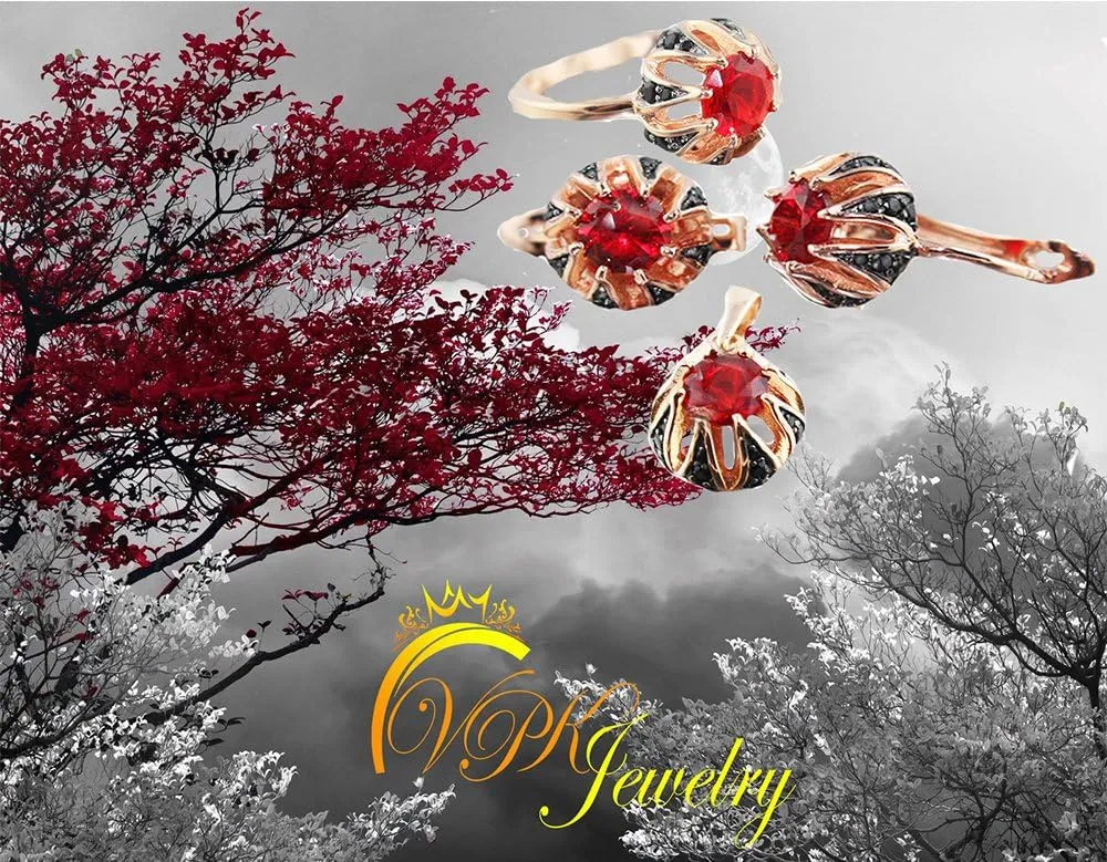 Women's Russian Real 925 Sterling Silver set Rose 14k Gold Plated Earrings Ring Pendant Diamonique Black CZ Valentines best Gifts