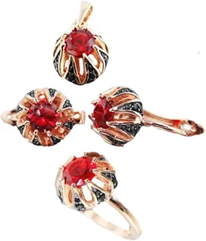 Women's Russian Real 925 Sterling Silver set Rose 14k Gold Plated Earrings Ring Pendant Diamonique Black CZ Valentines best Gifts