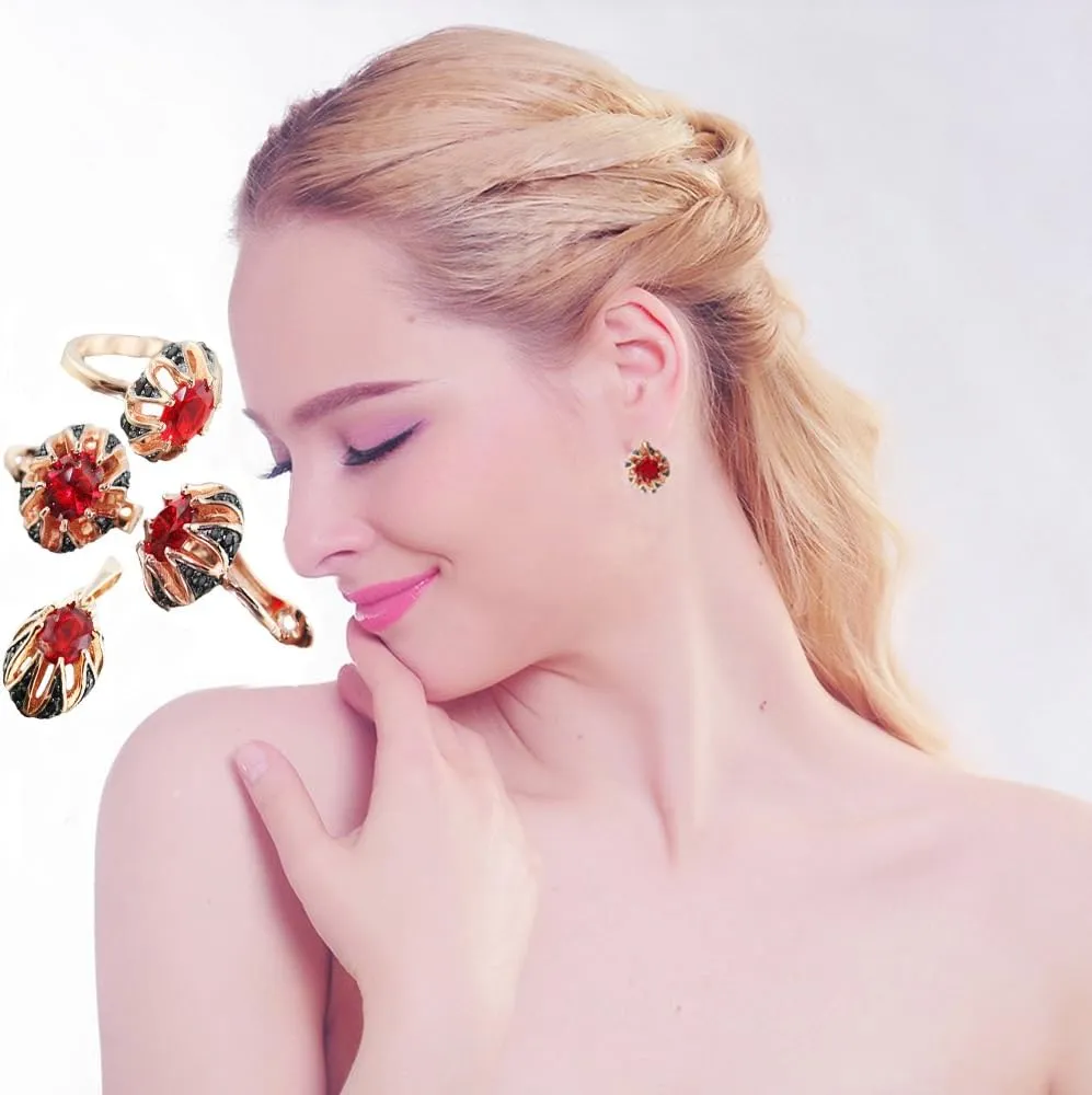 Women's Russian Real 925 Sterling Silver set Rose 14k Gold Plated Earrings Ring Pendant Diamonique Black CZ Valentines best Gifts