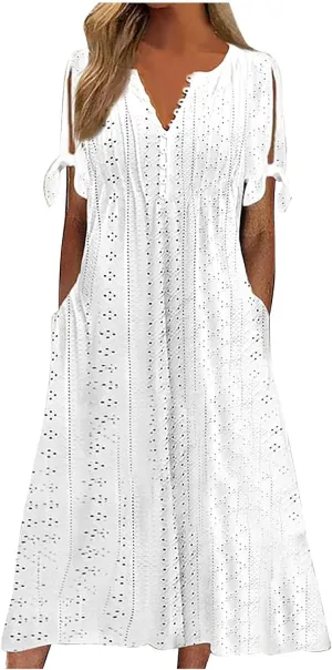 Womens Spring Dresses 2024 Elegant Lace Eyelet Tshirt Dress Casual Summer Short Sleeve v Neck Maxi Long Dress