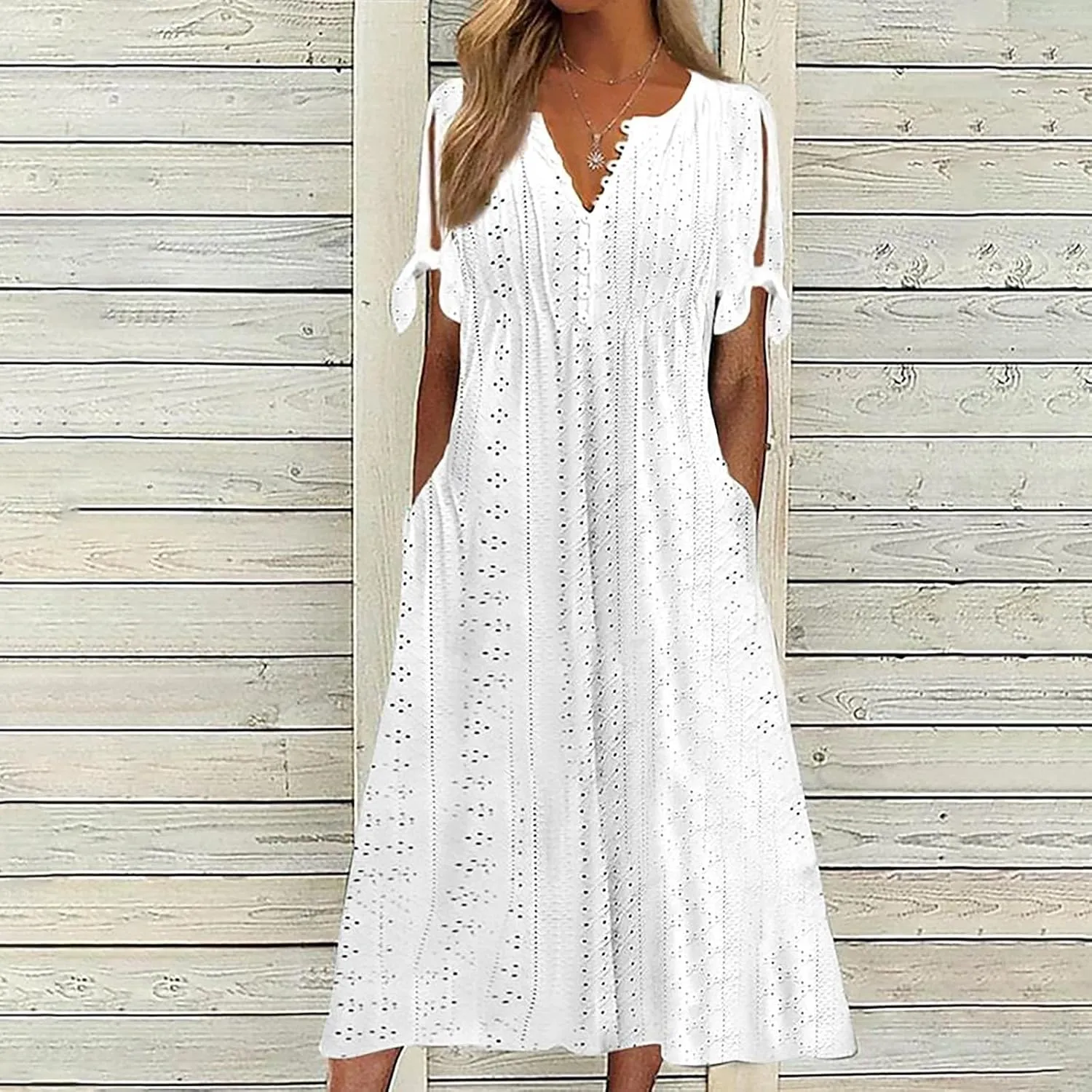 Womens Spring Dresses 2024 Elegant Lace Eyelet Tshirt Dress Casual Summer Short Sleeve v Neck Maxi Long Dress