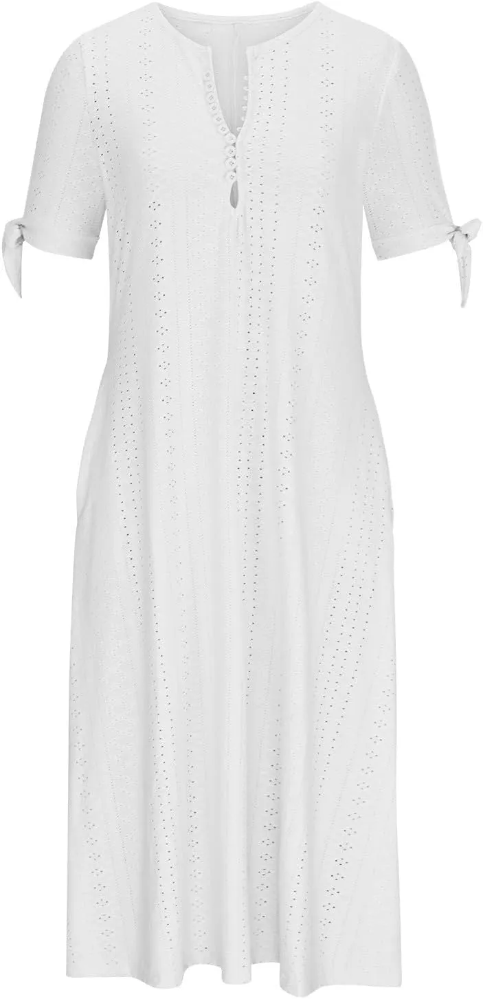 Womens Spring Dresses 2024 Elegant Lace Eyelet Tshirt Dress Casual Summer Short Sleeve v Neck Maxi Long Dress