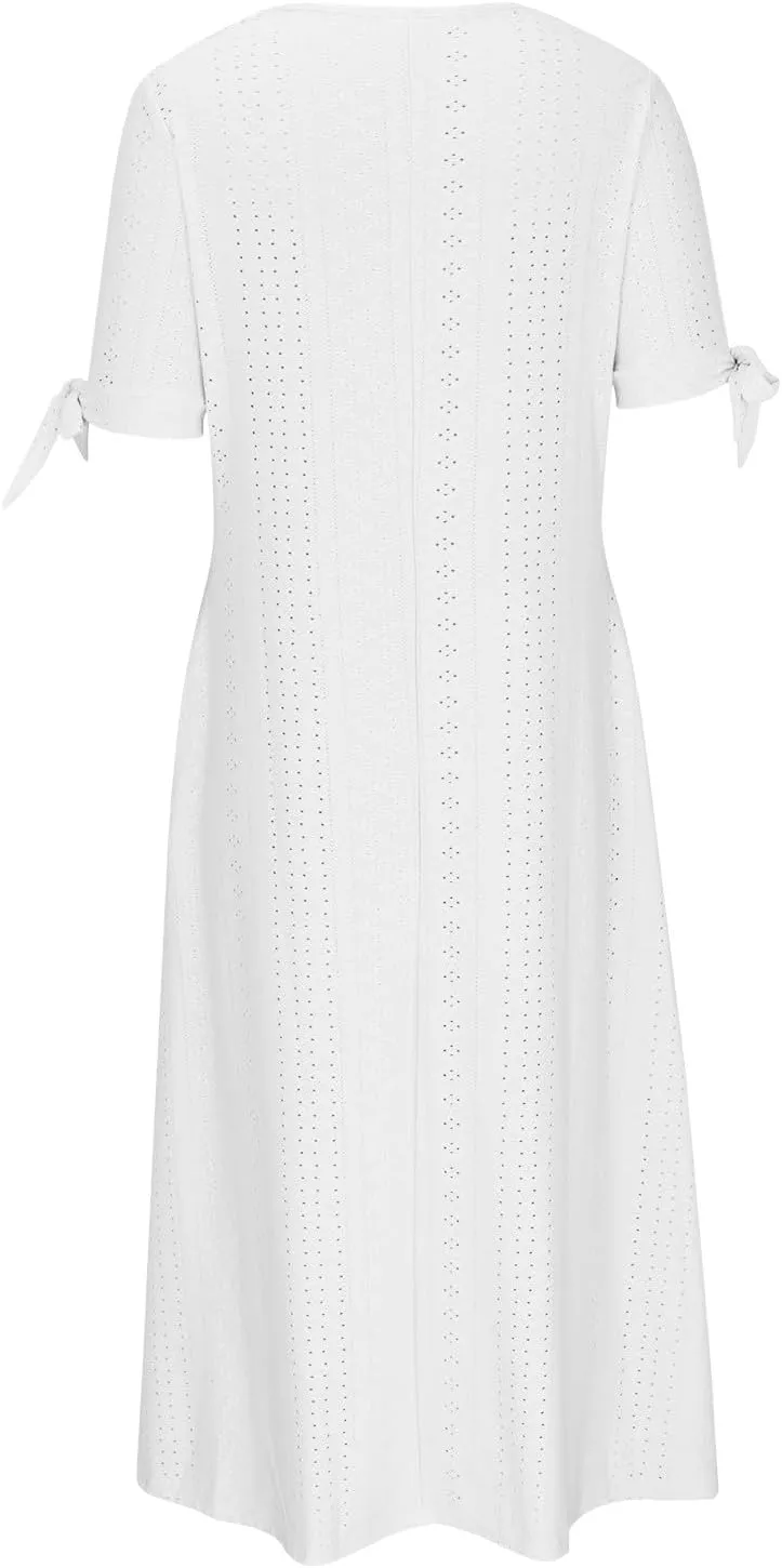 Womens Spring Dresses 2024 Elegant Lace Eyelet Tshirt Dress Casual Summer Short Sleeve v Neck Maxi Long Dress