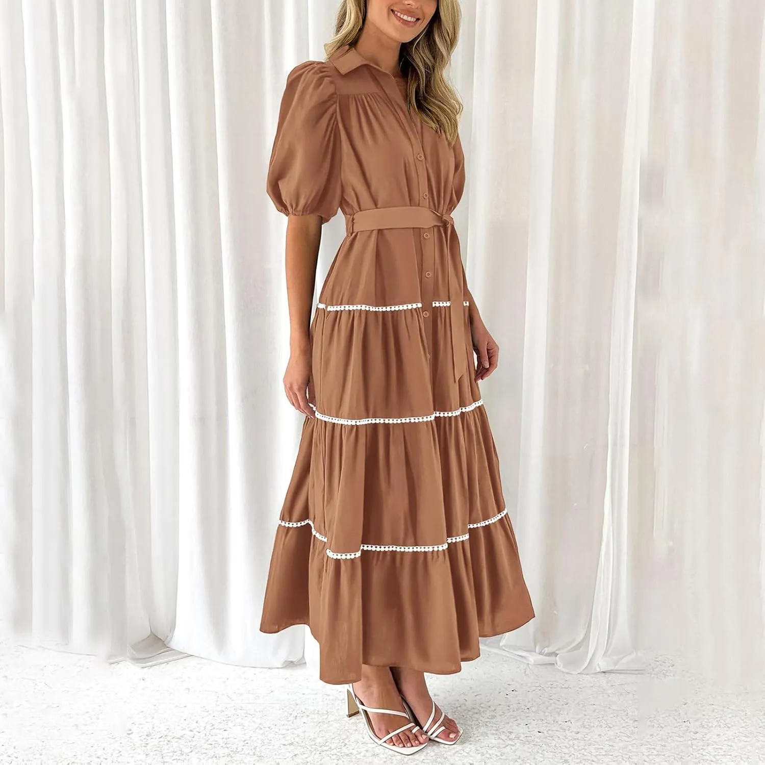 Women's Summer Button Down Shirt Dress Short Puffy Sleeve Tiered Ruffle Flowy Long Maxi Dresses Vocation Party Dress