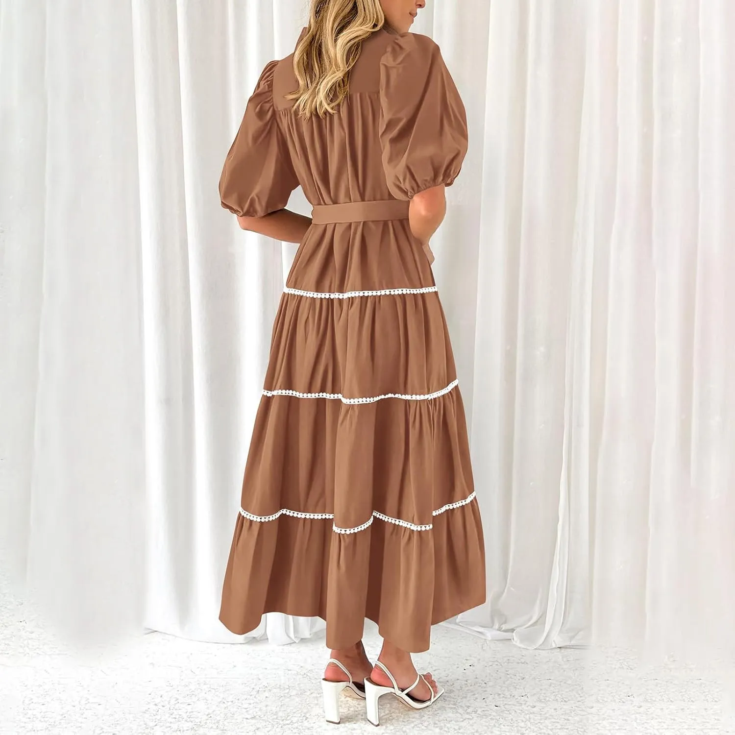 Women's Summer Button Down Shirt Dress Short Puffy Sleeve Tiered Ruffle Flowy Long Maxi Dresses Vocation Party Dress