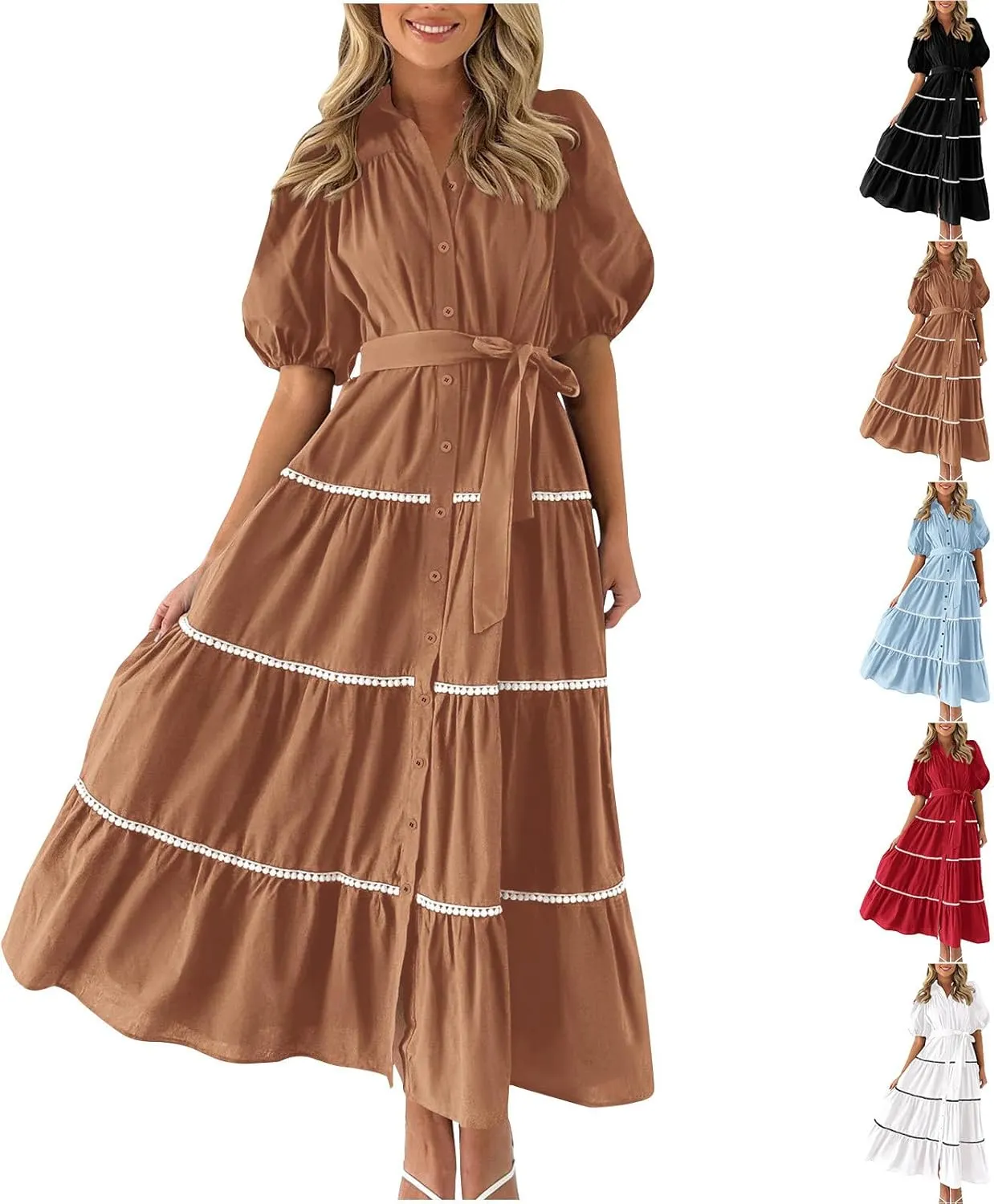 Women's Summer Button Down Shirt Dress Short Puffy Sleeve Tiered Ruffle Flowy Long Maxi Dresses Vocation Party Dress