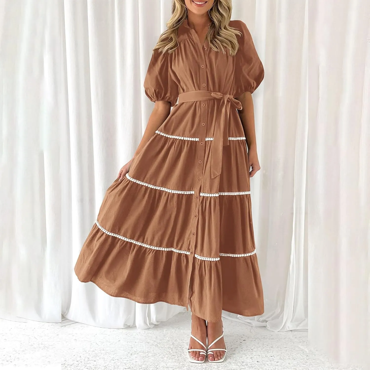 Women's Summer Button Down Shirt Dress Short Puffy Sleeve Tiered Ruffle Flowy Long Maxi Dresses Vocation Party Dress