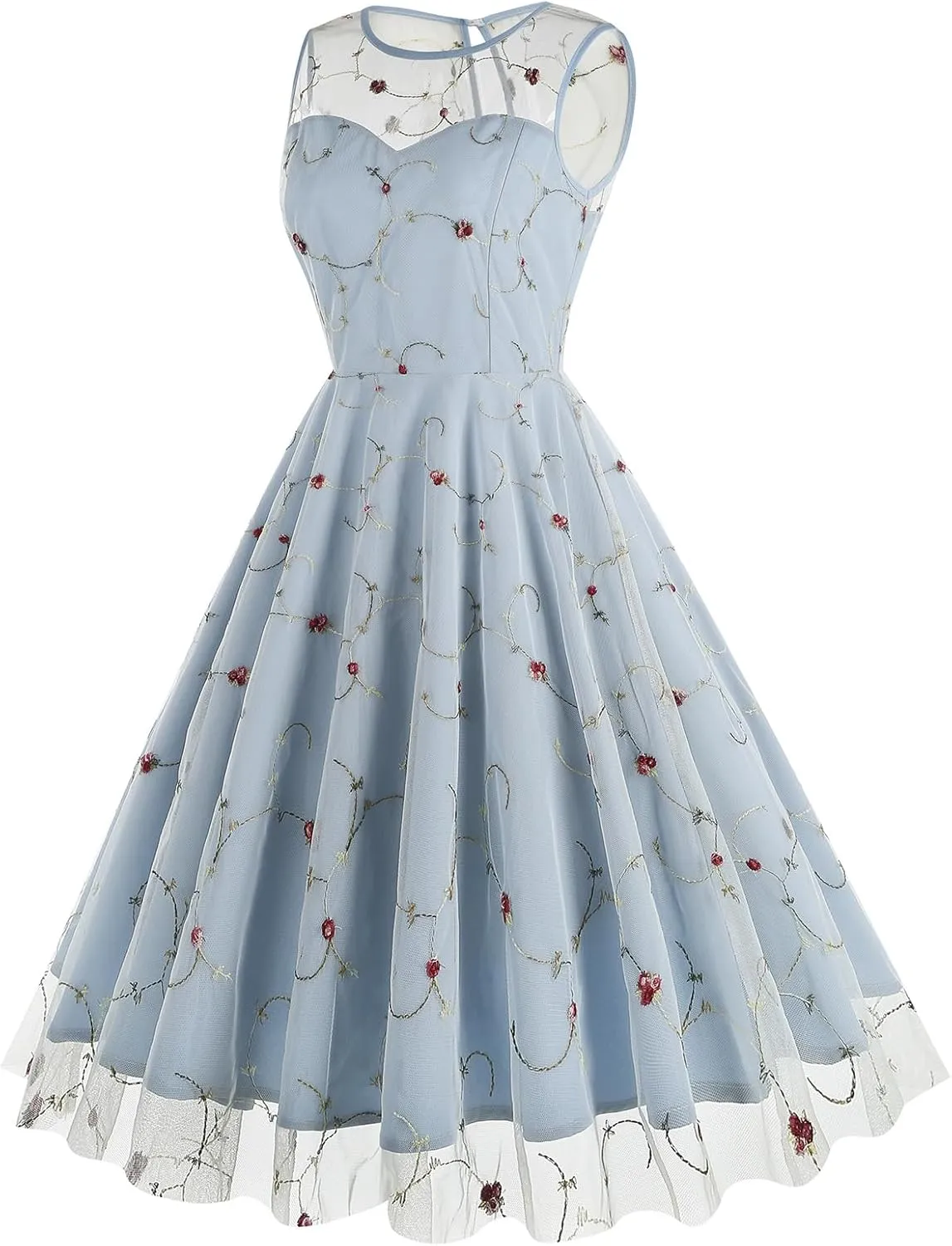 Women's Vintage 1950s Floral Embroidery Dress Sleeveless Mesh Cocktail Wedding Evening Party Prom Swing Dress