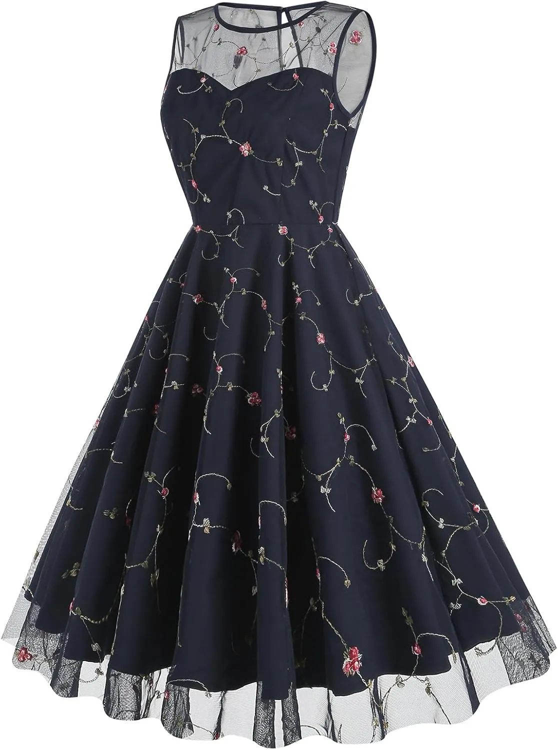 Women's Vintage 1950s Floral Embroidery Dress Sleeveless Mesh Cocktail Wedding Evening Party Prom Swing Dress