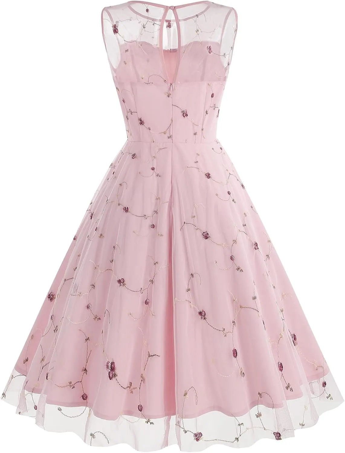 Women's Vintage 1950s Floral Embroidery Dress Sleeveless Mesh Cocktail Wedding Evening Party Prom Swing Dress