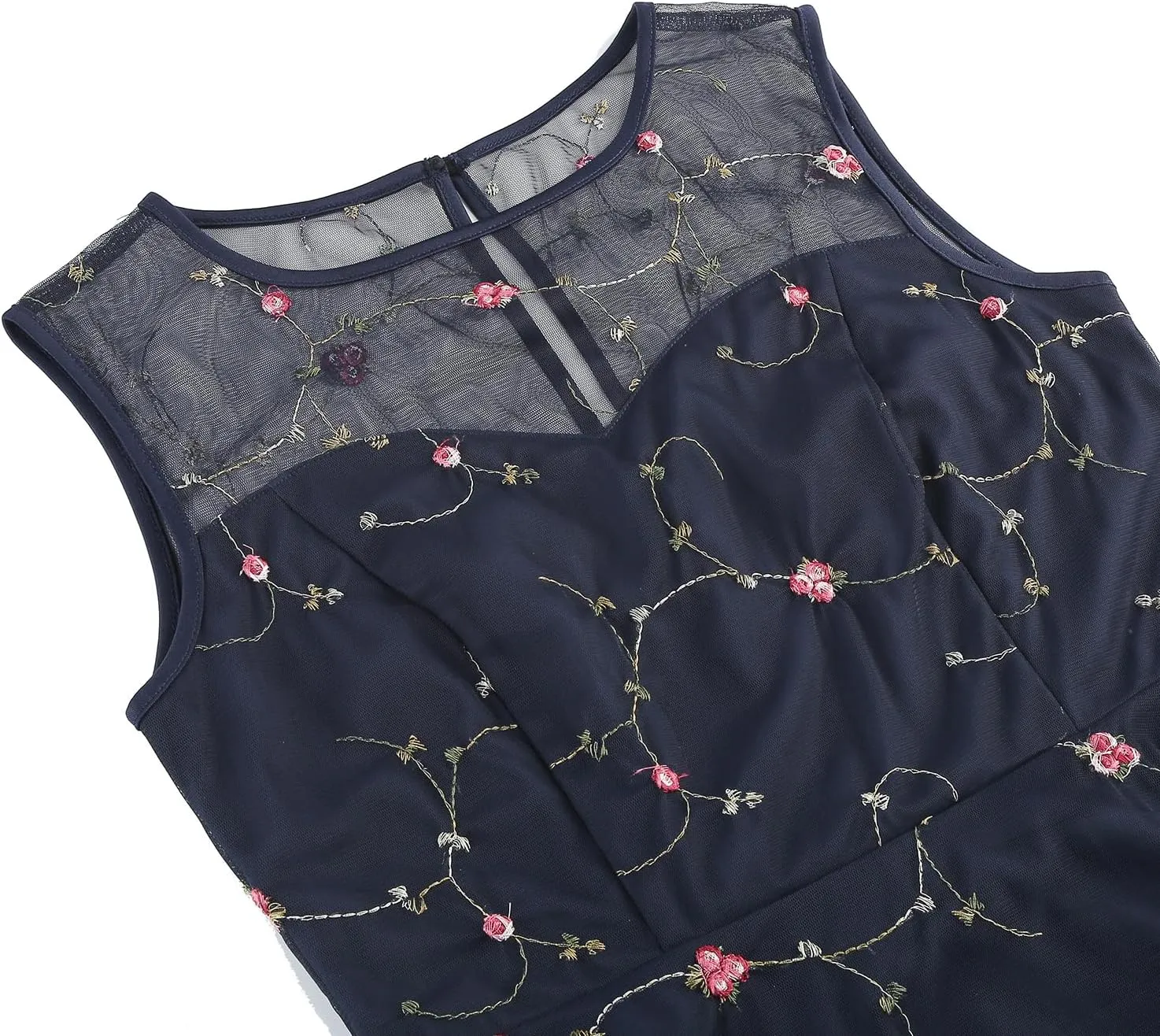 Women's Vintage 1950s Floral Embroidery Dress Sleeveless Mesh Cocktail Wedding Evening Party Prom Swing Dress