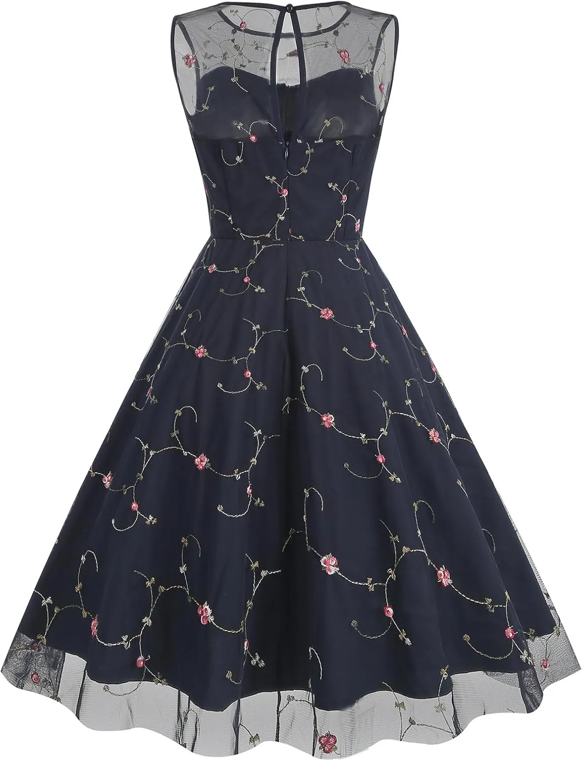 Women's Vintage 1950s Floral Embroidery Dress Sleeveless Mesh Cocktail Wedding Evening Party Prom Swing Dress