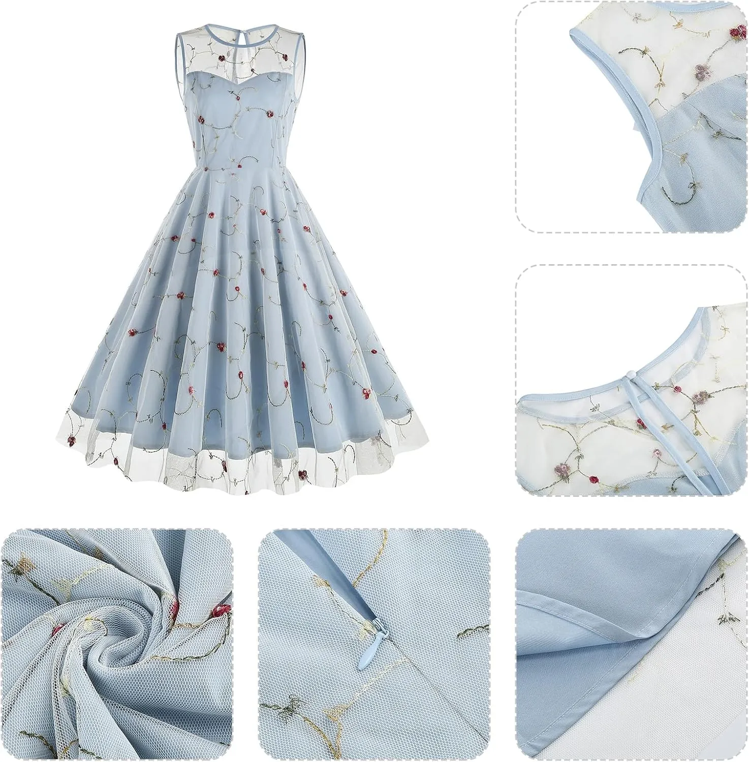 Women's Vintage 1950s Floral Embroidery Dress Sleeveless Mesh Cocktail Wedding Evening Party Prom Swing Dress