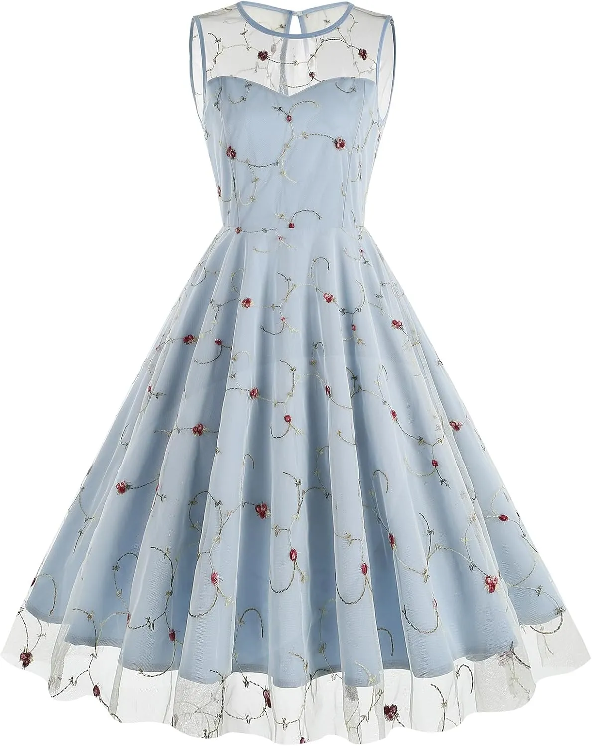 Women's Vintage 1950s Floral Embroidery Dress Sleeveless Mesh Cocktail Wedding Evening Party Prom Swing Dress