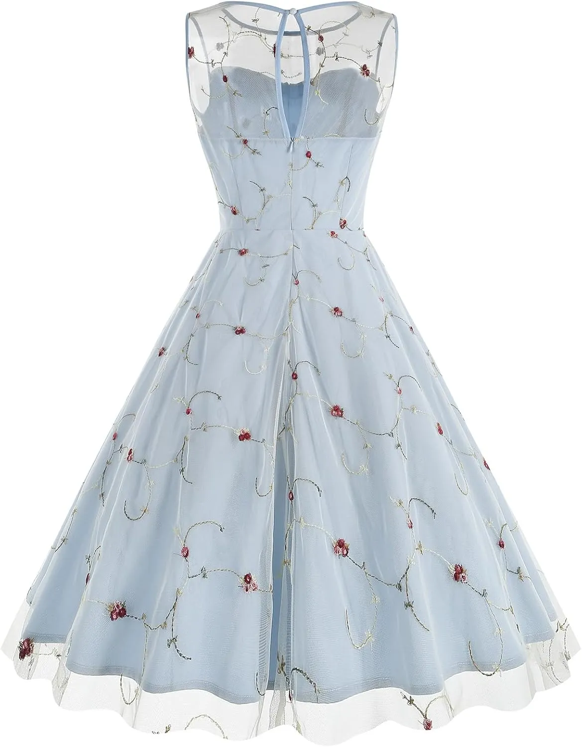 Women's Vintage 1950s Floral Embroidery Dress Sleeveless Mesh Cocktail Wedding Evening Party Prom Swing Dress