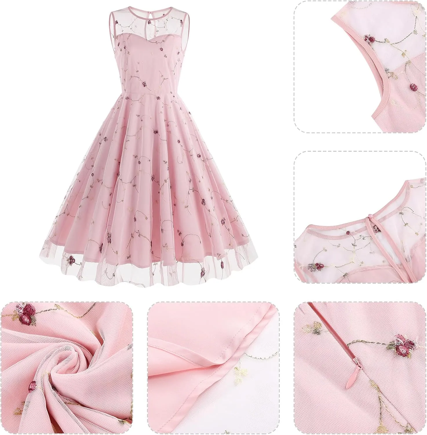 Women's Vintage 1950s Floral Embroidery Dress Sleeveless Mesh Cocktail Wedding Evening Party Prom Swing Dress