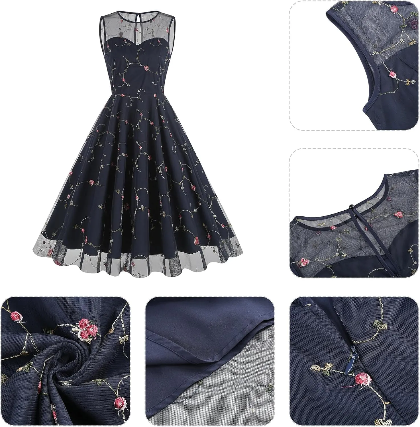 Women's Vintage 1950s Floral Embroidery Dress Sleeveless Mesh Cocktail Wedding Evening Party Prom Swing Dress