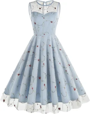 Women's Vintage 1950s Floral Embroidery Dress Sleeveless Mesh Cocktail Wedding Evening Party Prom Swing Dress