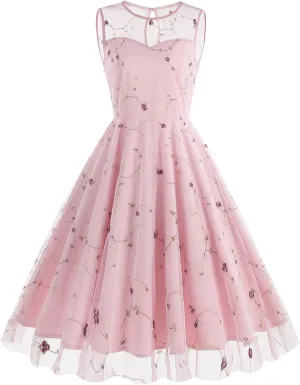 Women's Vintage 1950s Floral Embroidery Dress Sleeveless Mesh Cocktail Wedding Evening Party Prom Swing Dress
