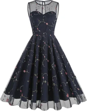 Women's Vintage 1950s Floral Embroidery Dress Sleeveless Mesh Cocktail Wedding Evening Party Prom Swing Dress