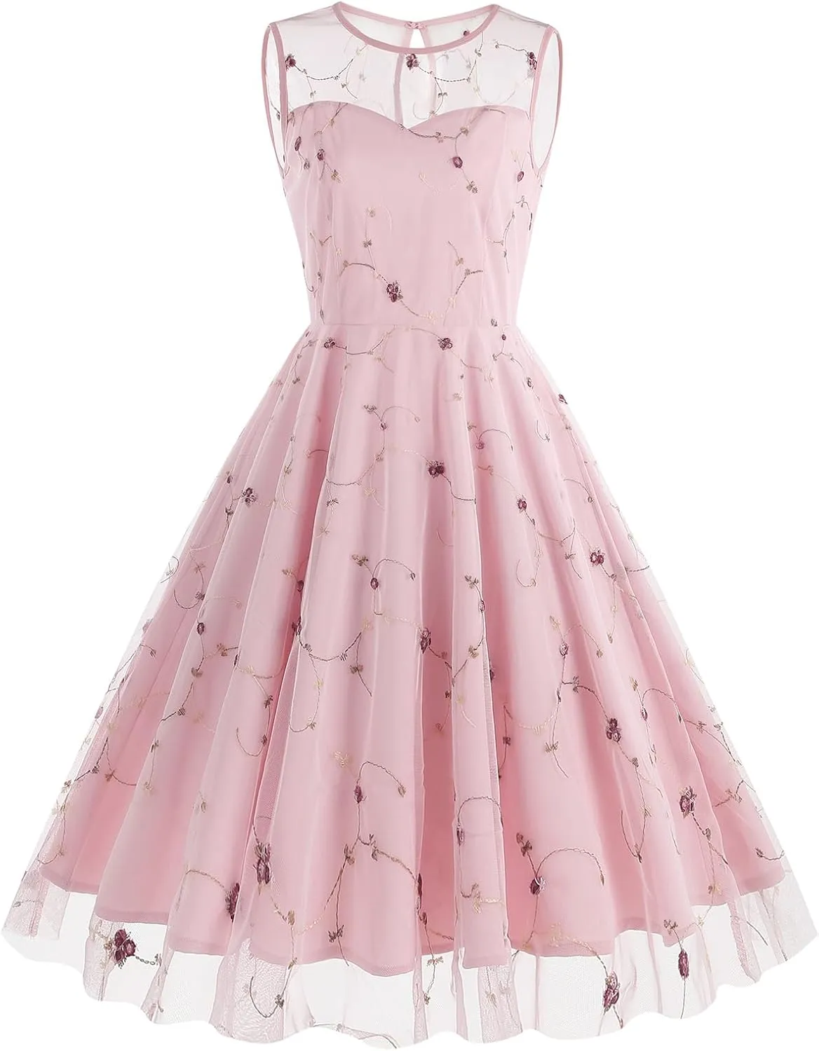 Women's Vintage 1950s Floral Embroidery Dress Sleeveless Mesh Cocktail Wedding Evening Party Prom Swing Dress