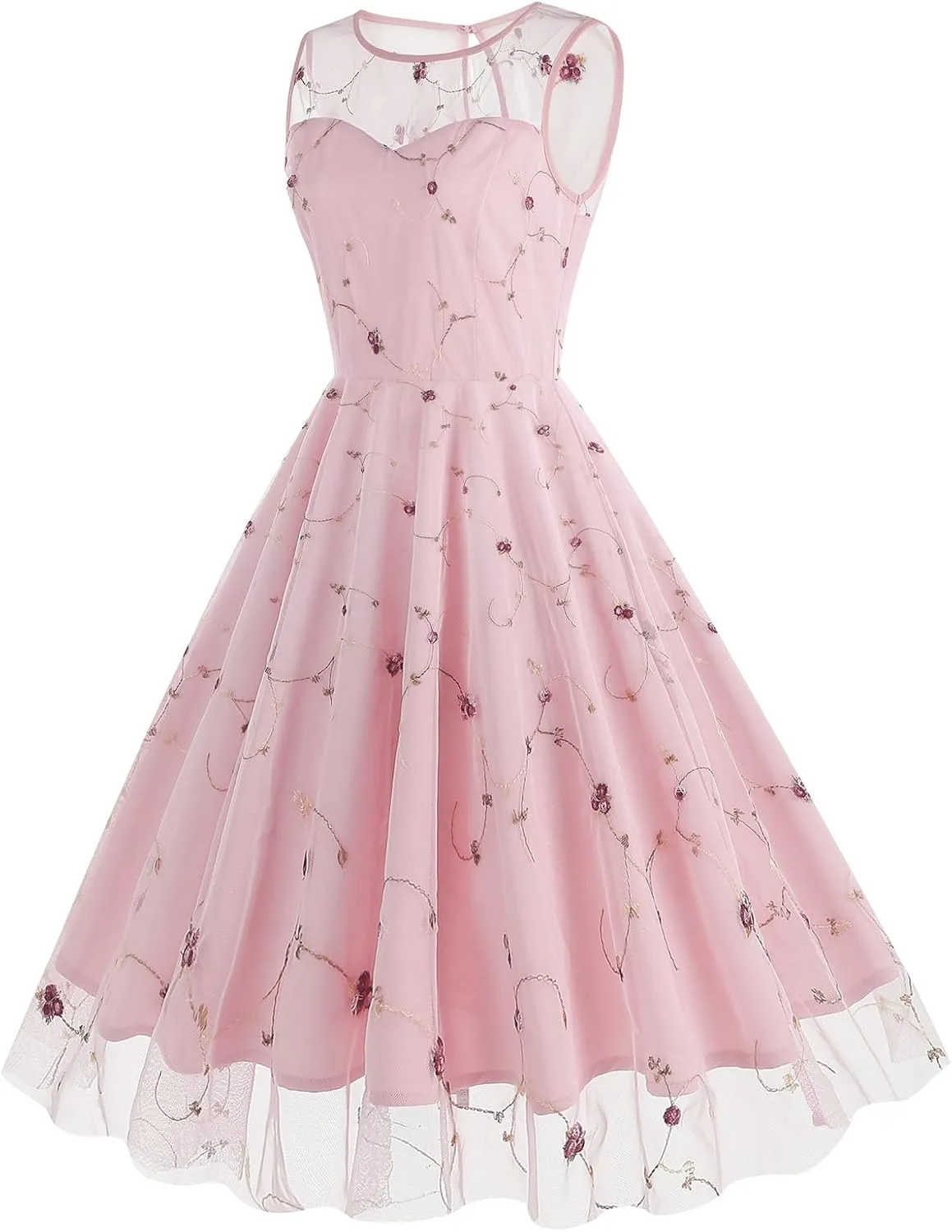 Women's Vintage 1950s Floral Embroidery Dress Sleeveless Mesh Cocktail Wedding Evening Party Prom Swing Dress