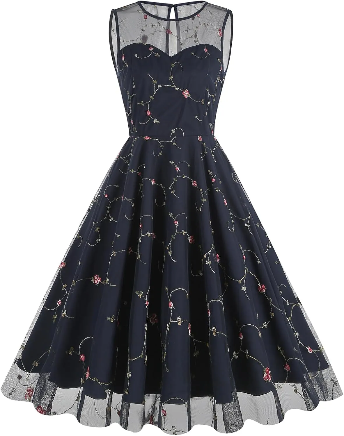 Women's Vintage 1950s Floral Embroidery Dress Sleeveless Mesh Cocktail Wedding Evening Party Prom Swing Dress