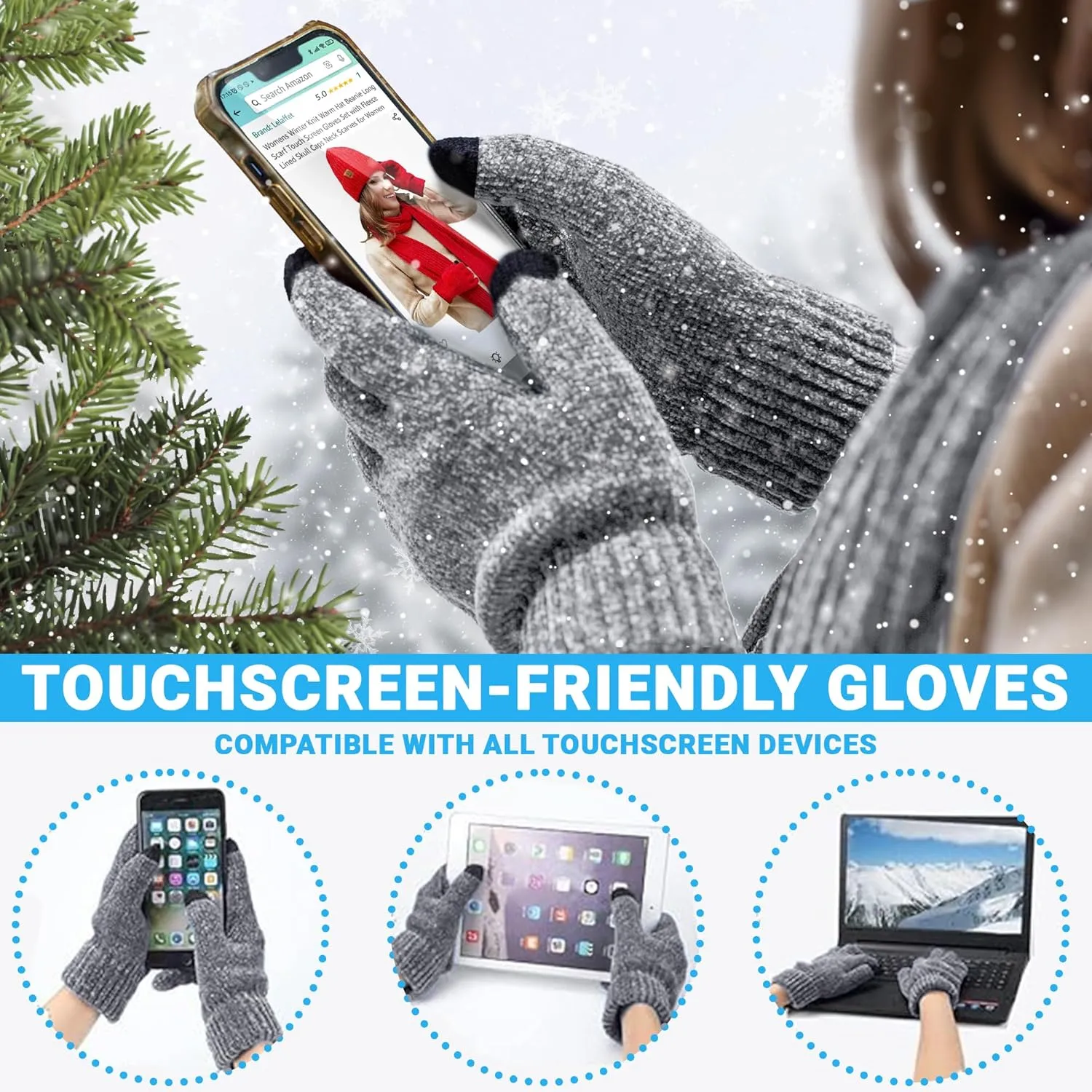 Womens Winter Knit Warm Hat Beanie Long Scarf Touch Screen Gloves Set Fleece Lined Skull Caps Neck Scarves Gift Set for Women