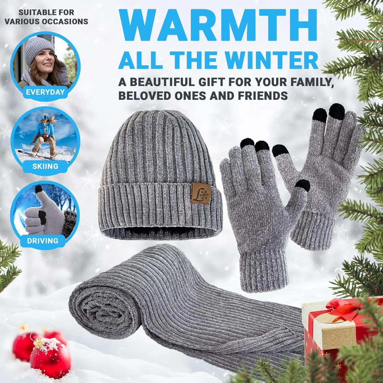 Womens Winter Knit Warm Hat Beanie Long Scarf Touch Screen Gloves Set Fleece Lined Skull Caps Neck Scarves Gift Set for Women