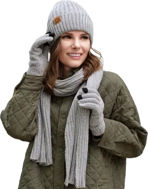 Womens Winter Knit Warm Hat Beanie Long Scarf Touch Screen Gloves Set Fleece Lined Skull Caps Neck Scarves Gift Set for Women