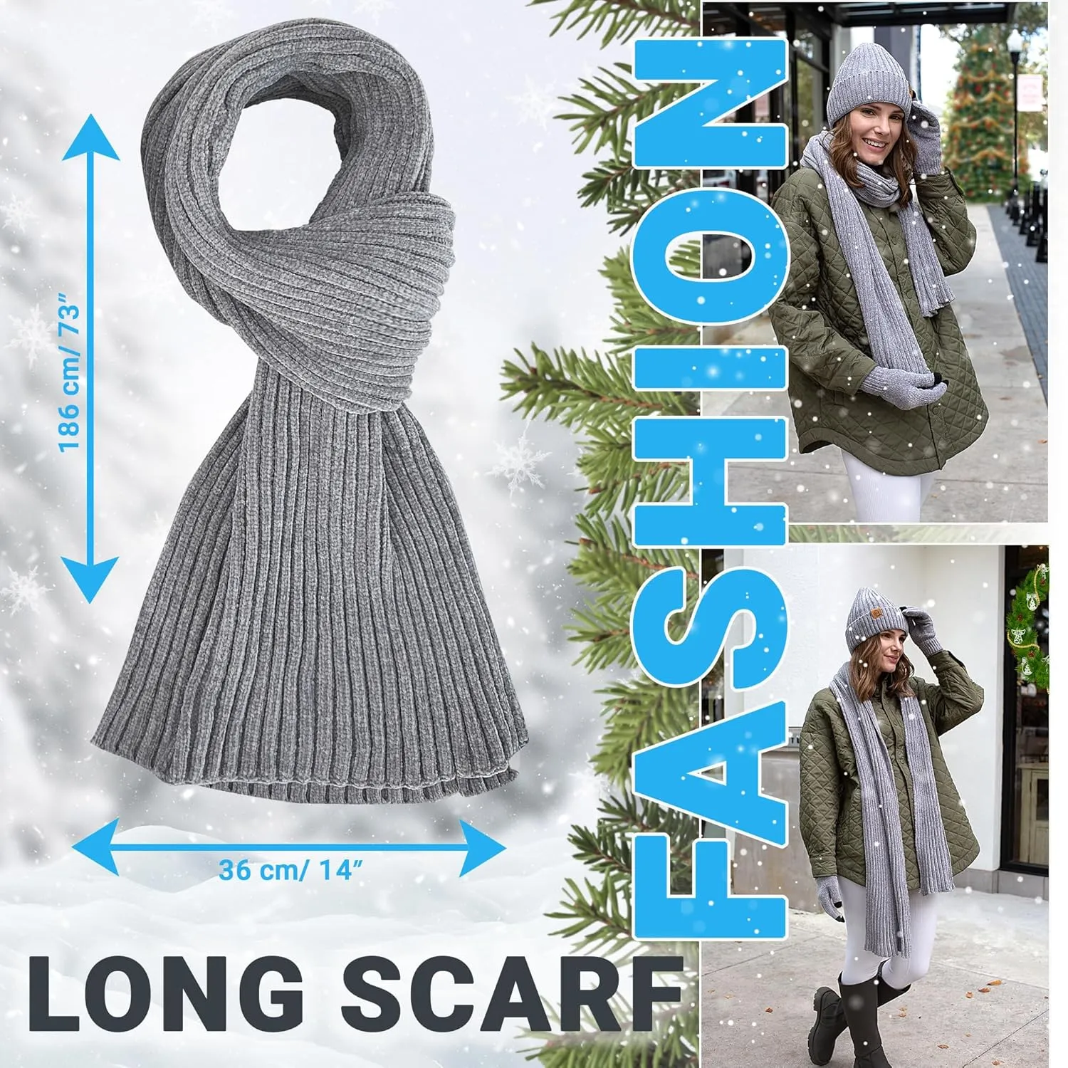 Womens Winter Knit Warm Hat Beanie Long Scarf Touch Screen Gloves Set Fleece Lined Skull Caps Neck Scarves Gift Set for Women