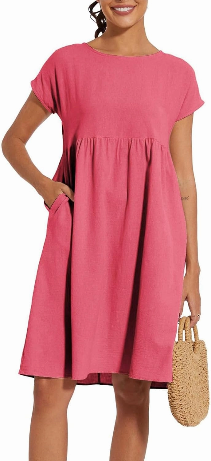 Womens Summer Midi Dresses 2025 Casual Short Sleeve A-Line Sundresses Cotton Linen Solid Color Dresses with Pockets