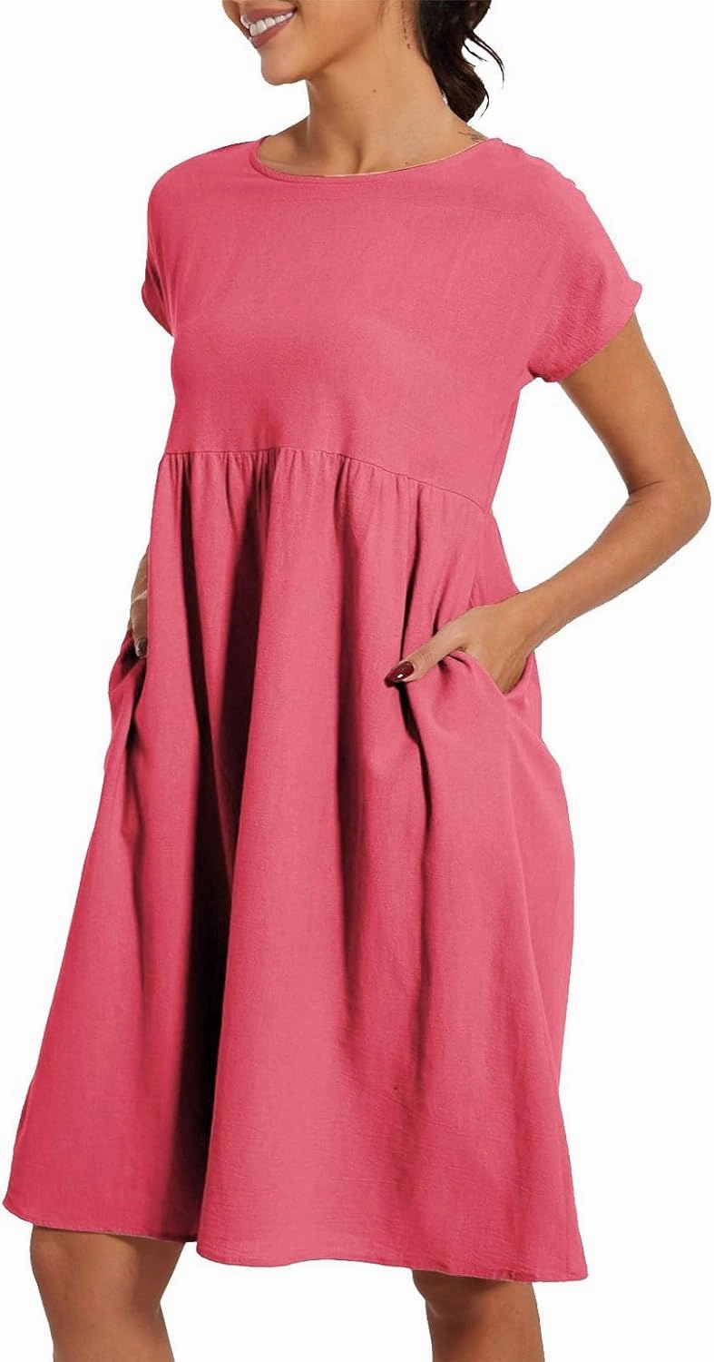 Womens Summer Midi Dresses 2025 Casual Short Sleeve A-Line Sundresses Cotton Linen Solid Color Dresses with Pockets