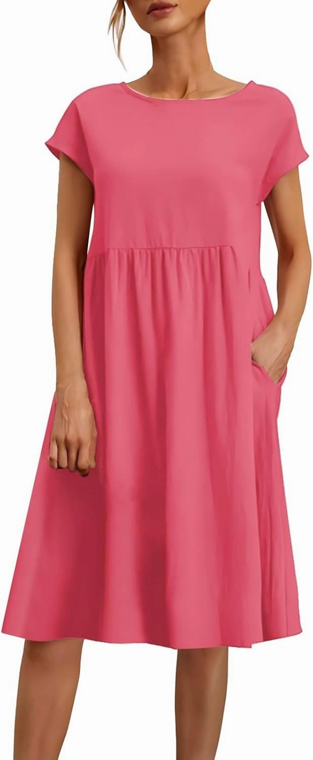 Womens Summer Midi Dresses 2025 Casual Short Sleeve A-Line Sundresses Cotton Linen Solid Color Dresses with Pockets