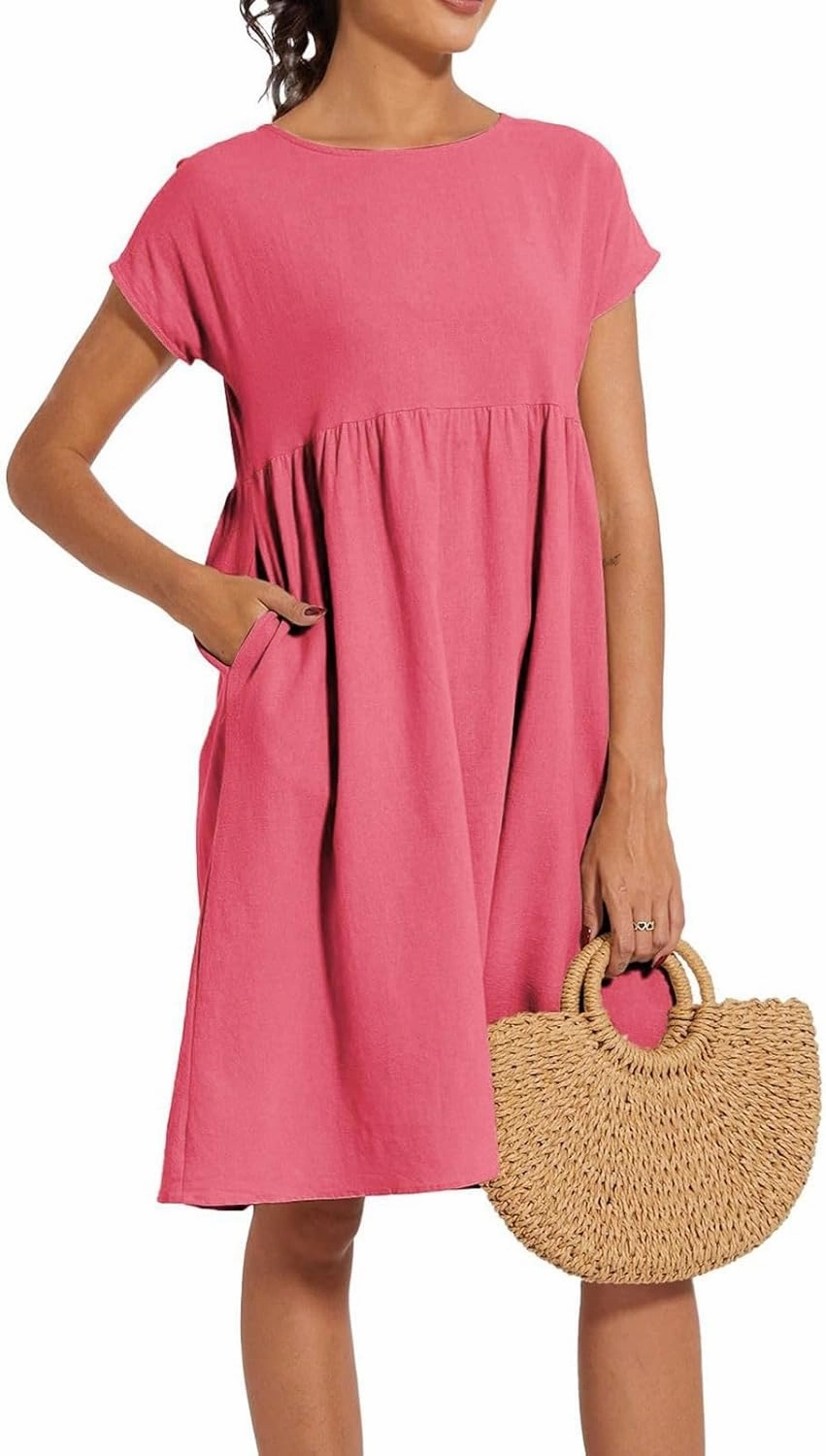 Womens Summer Midi Dresses 2025 Casual Short Sleeve A-Line Sundresses Cotton Linen Solid Color Dresses with Pockets