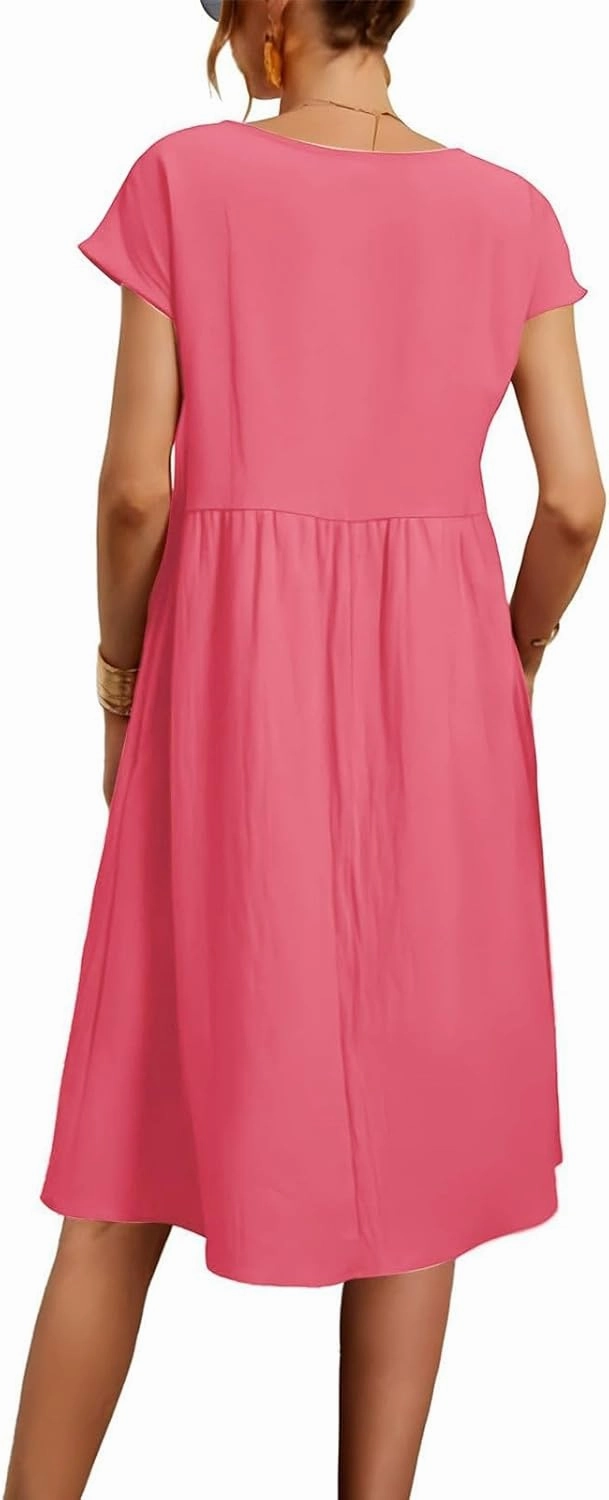 Womens Summer Midi Dresses 2025 Casual Short Sleeve A-Line Sundresses Cotton Linen Solid Color Dresses with Pockets