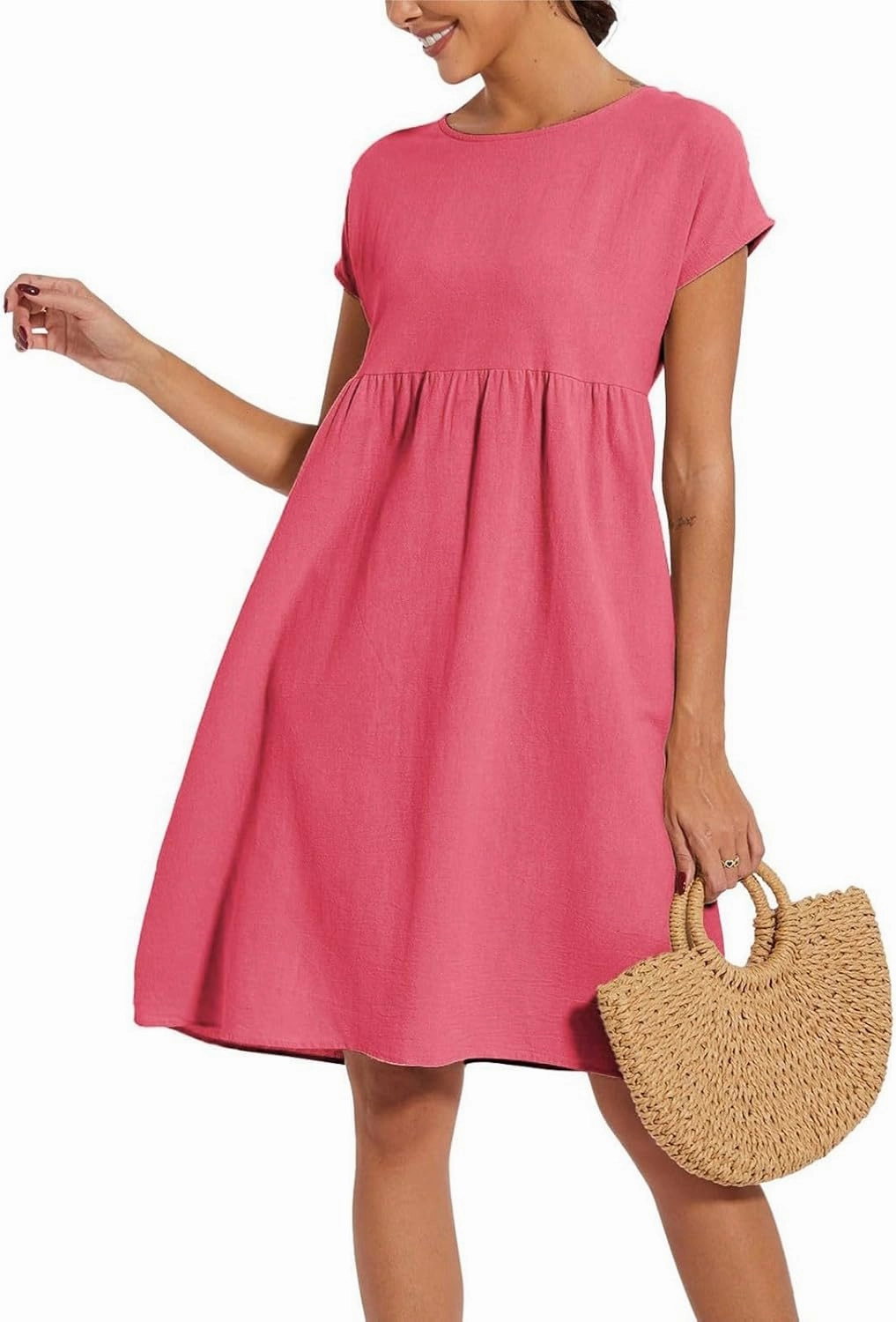 Womens Summer Midi Dresses 2025 Casual Short Sleeve A-Line Sundresses Cotton Linen Solid Color Dresses with Pockets