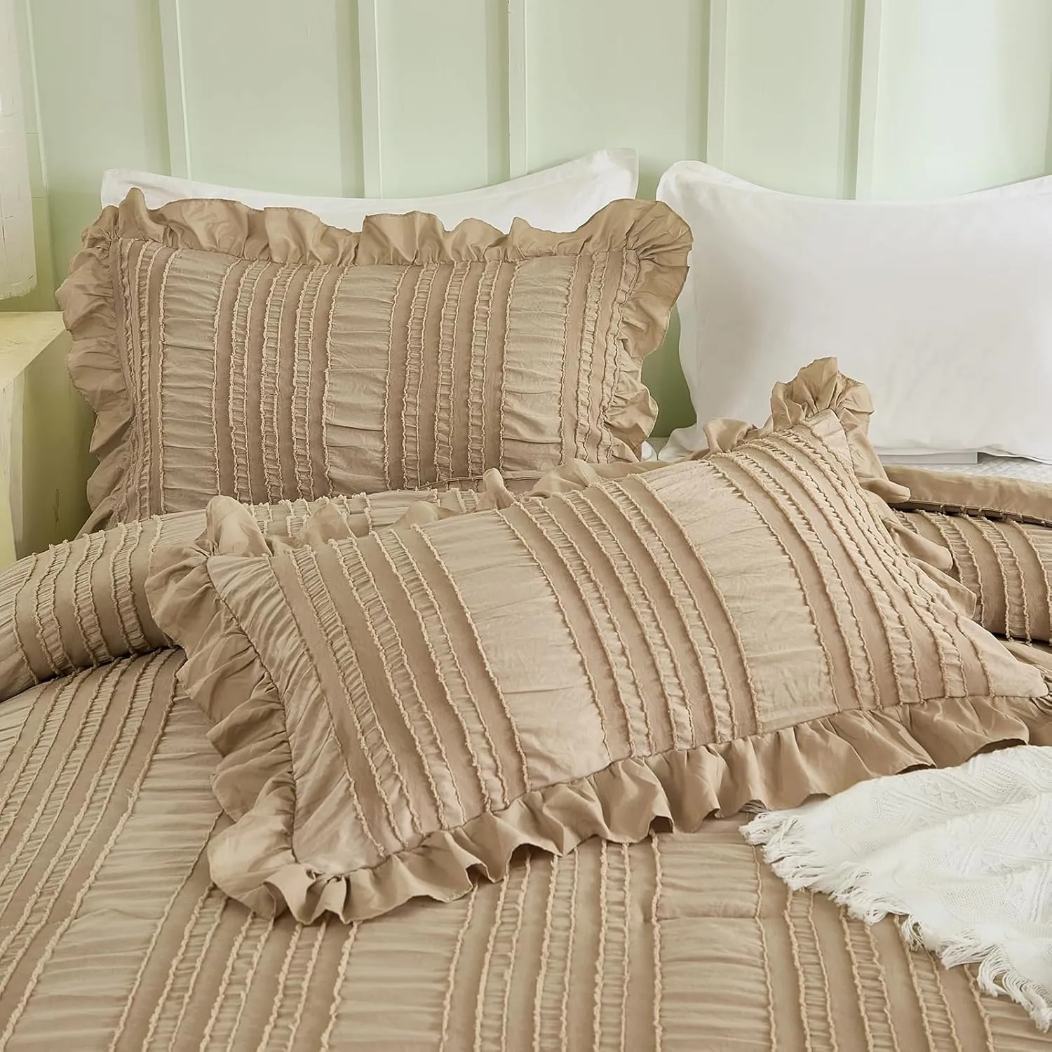 WONGS BEDDING Khaki Comforter Set Queen,3 Pieces Ruffle Farmhouse Shabby Chic Comforter for Queen Bed,Soft Seersucker Textured Boho Bedding Set with 1 Ruffle Comforter,2 Tufted Pillowcases 90"×90"