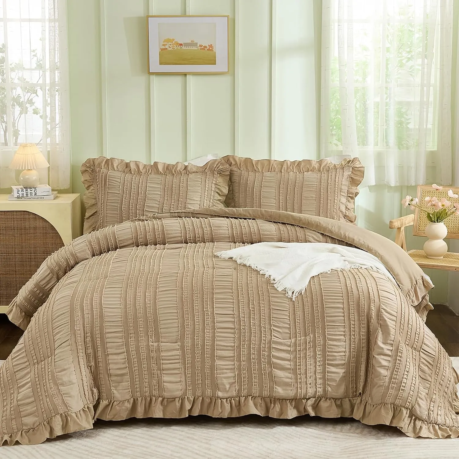 WONGS BEDDING Khaki Comforter Set Queen,3 Pieces Ruffle Farmhouse Shabby Chic Comforter for Queen Bed,Soft Seersucker Textured Boho Bedding Set with 1 Ruffle Comforter,2 Tufted Pillowcases 90"×90"