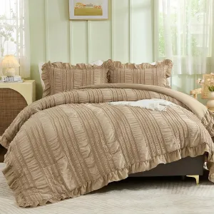WONGS BEDDING Khaki Comforter Set Queen,3 Pieces Ruffle Farmhouse Shabby Chic Comforter for Queen Bed,Soft Seersucker Textured Boho Bedding Set with 1 Ruffle Comforter,2 Tufted Pillowcases 90"×90"