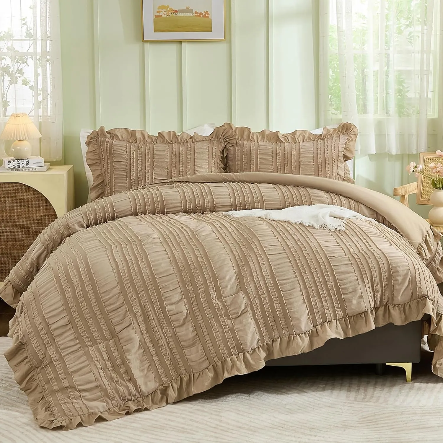 WONGS BEDDING Khaki Comforter Set Queen,3 Pieces Ruffle Farmhouse Shabby Chic Comforter for Queen Bed,Soft Seersucker Textured Boho Bedding Set with 1 Ruffle Comforter,2 Tufted Pillowcases 90"×90"
