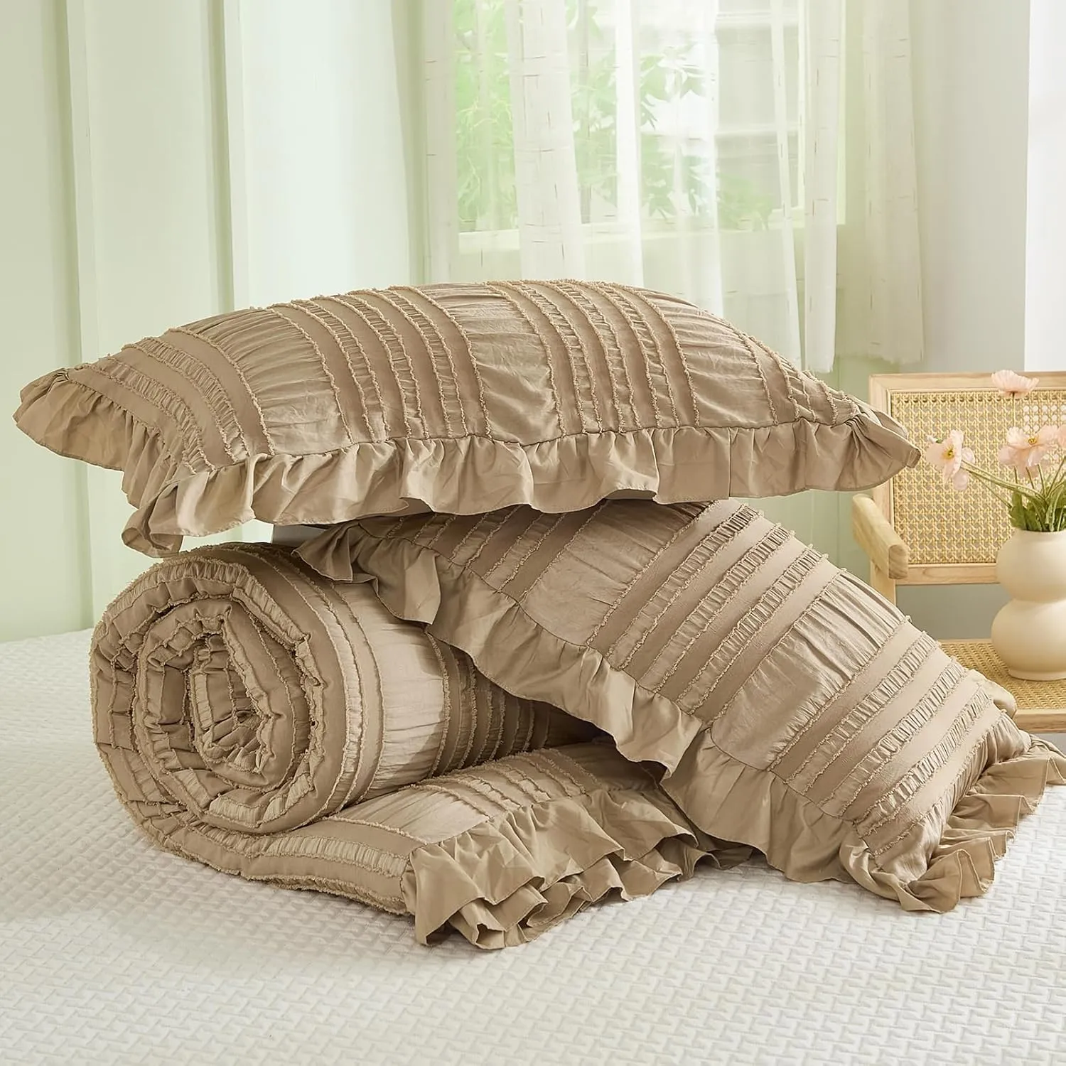 WONGS BEDDING Khaki Comforter Set Queen,3 Pieces Ruffle Farmhouse Shabby Chic Comforter for Queen Bed,Soft Seersucker Textured Boho Bedding Set with 1 Ruffle Comforter,2 Tufted Pillowcases 90"×90"